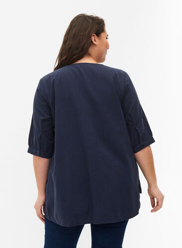 Zizzi FLASH - Bomulds bluse med halvlange ærmer, Navy Blazer, Model image number 1