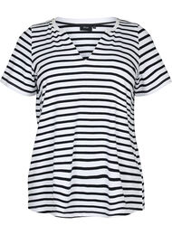 Bomulds t-shirt med striber og v-hals, B. White/Bl. Stripes