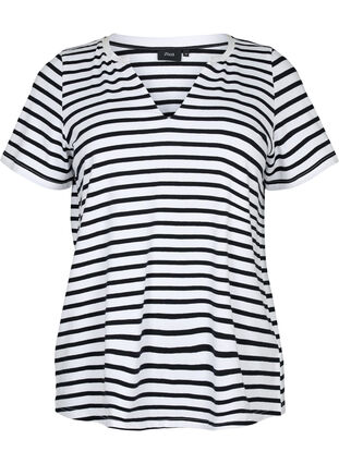 Zizzi Bomulds t-shirt med striber og v-hals, B. White/Bl. Stripes, Packshot image number 0