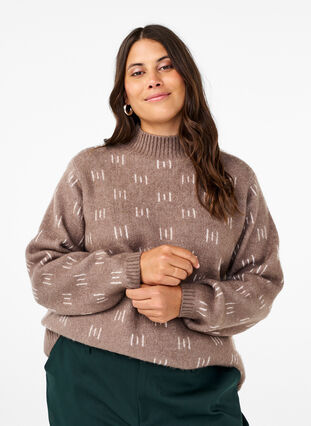 Zizzi Strikbluse med mønster og høj hals, Walnut Mel. Comb, Model image number 0