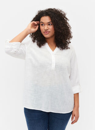 Zizzi Skjortebluse i bomuld med v-udskæring, Bright White, Model image number 0