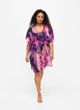 Zizzi Strand kimono med print, Purple Swirl, Model image number 2