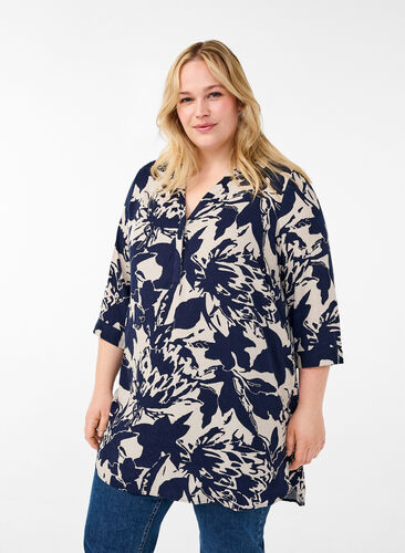 Zizzi Tunika med print og 3/4 ærmer, Navy Blazer AOP, Model image number 0