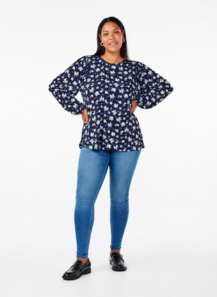 Zizzi Bluse med lange ærmer og blomsterprint, Night Sky AOP, Model image number 2