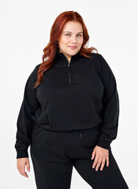 Højhalset sweatshirt med lynlås, Black, Model