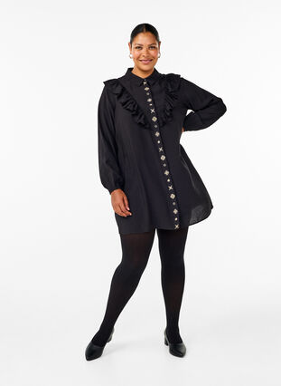 Zizzi Skjortekjole med flæser og broderi, Black, Model image number 3