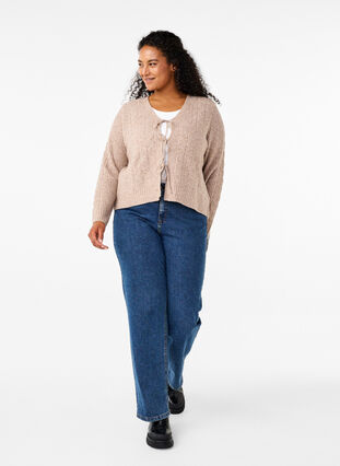 Zizzi Strikket cardigan med bindedetaljer, Simply Taupe Mel., Model image number 2