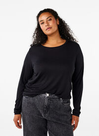 Langærmet bluse i uld og viskose, Black, Model