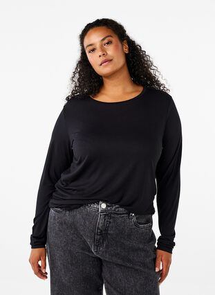 Zizzi Langærmet bluse i uld og viskose, Black, Model image number 0