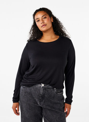 Zizzi Langærmet bluse i uld og viskose, Black, Model image number 0