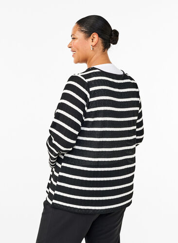 Zizzi Cardigan med bindebånd, Black White stripe, Model image number 1