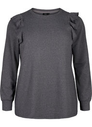 Langærmet bluse med flæsedetaljer, Dark Grey Melange