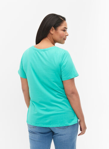 Zizzi Ensfarvet basis t-shirt i bomuld, Aqua Green, Model image number 1