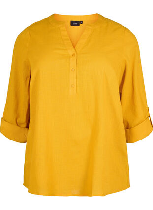 Zizzi Skjortebluse i bomuld med v-udskæring, Golden Yellow, Packshot image number 0