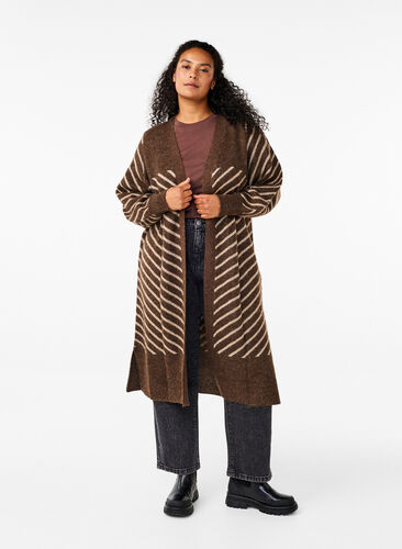 Zizzi Stribet strikcardigan med slids, Rain D.Mel.D.T.Mel., Model image number 0