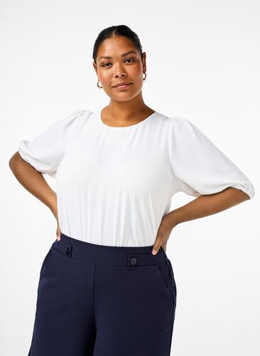 Zizzi Kortærmet bluse med sløjfe bagpå, Bright White, Model image number 0