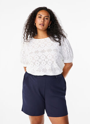 Zizzi Kortærmet bluse med hulmønster, Bright White, Model image number 0