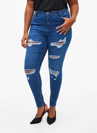 Zizzi Slim fit jeans med sliddetaljer, Blue Denim, Model image number 2