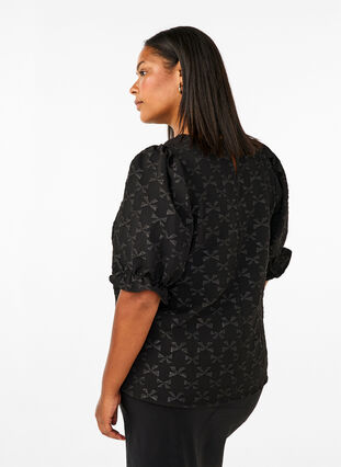 Zizzi Kortærmet jacquardbluse med sløjfer, Black W. Bow, Model image number 1