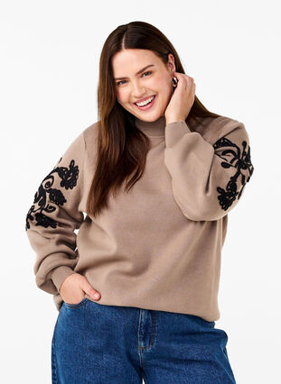 Zizzi Strikbluse med broderi, Desert Taupe Comb, Model image number 0