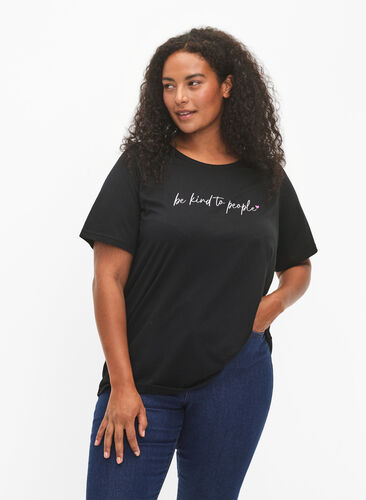 Zizzi FLASH - T-shirt med motiv, Black Be Kind, Model image number 0