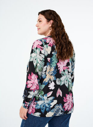 Zizzi Langærmet bluse med blomsterprint, Rose Flower AOP, Model image number 1