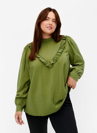 Zizzi Viskosebluse med flæser, Loden Green, Model image number 0