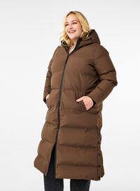 Lang puffer vinterjakke med hætte, Chocolate Brown, Model