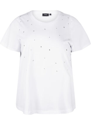 Zizzi T-shirt i bomuld med similisten, Bright White, Packshot image number 0
