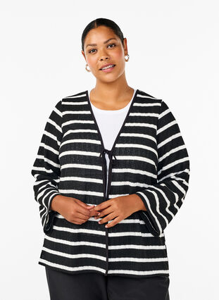 Zizzi Cardigan med bindebånd, Black White stripe, Model image number 0