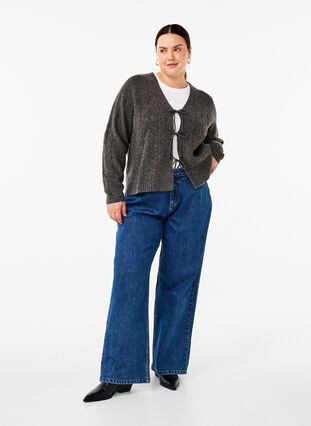 Zizzi Strikket cardigan med bindedetaljer, Dark Grey Melange, Model image number 2