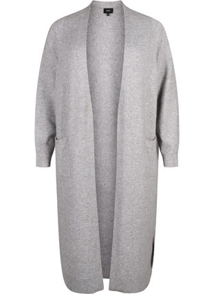 Zizzi Lang strikcardigan med lommer, Light Grey Melange, Packshot image number 0