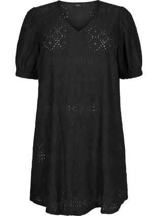 Zizzi Kort kjole med v-hals og hulmønster, Black, Packshot image number 0
