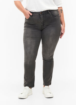 Zizzi Slim fit Emily jeans med normal talje, Dark Grey Denim, Model image number 2