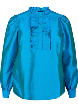 Zizzi Shiny skjortebluse med flæser, Diva Blue, Packshot image number 0