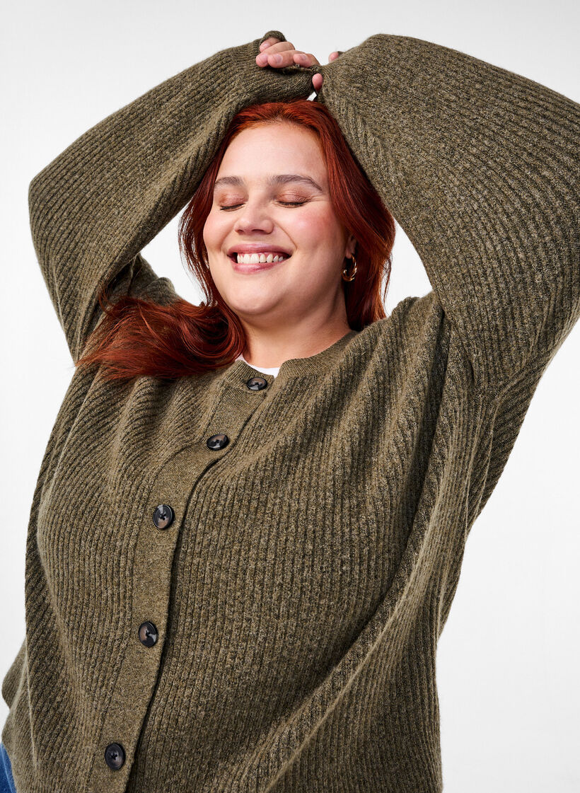 Ribstrikket cardigan med knapper, Dusky Green Mel., Image