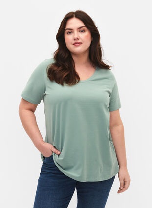 Zizzi Ensfarvet basis t-shirt i bomuld, Chinois Green, Model image number 0