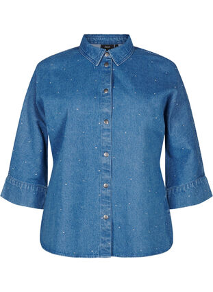 Zizzi Denimskjorte med rhinsten og 3/4 ærmer, Bl. Denim Rhinestone, Packshot image number 0