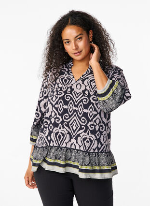 Zizzi Bluse med print og 3/4 ærmer, Black AOP, Model image number 0