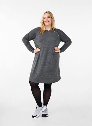 Zizzi Jersey kjole med knapper, Dark Grey Melange, Model image number 2