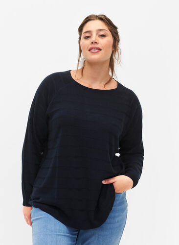 Zizzi Strikbluse med tone-i-tone striber, Navy Blazer, Model image number 0