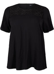 Kortærmet viskosebluse med blondedetalje, Black