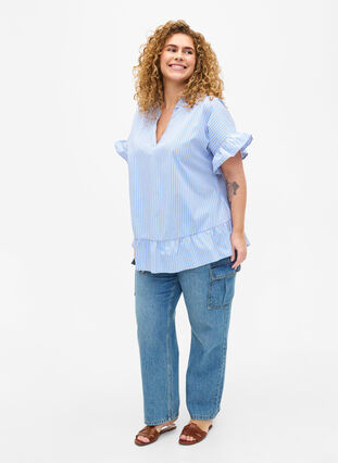 Zizzi Stribet bluse med peplum og flæsedetaljer, Blue Stripe, Model image number 2