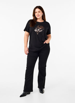 Zizzi FLASH - T-shirt med motiv, Black R. Gold Flower, Model image number 2