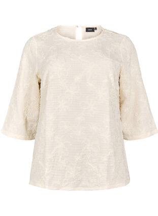 Zizzi Bluse med 3/4 ærmer og 3D blomster, Warm Off-white, Packshot image number 0