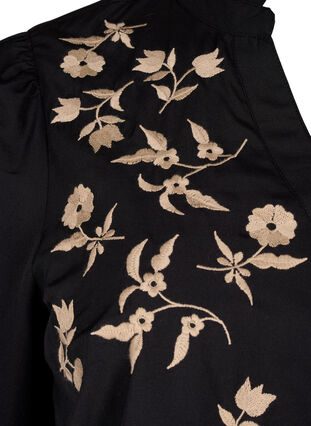 Zizzi Skjortebluse med broderede blomster og 3/4 ærmer, Black W. Beige Emb. , Packshot image number 3