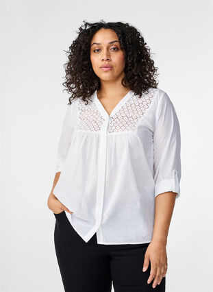 Zizzi FLASH - Skjortebluse med crochetdetalje, Bright White, Model image number 0