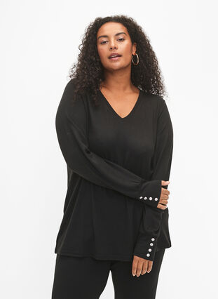 Zizzi Langærmet bluse med bred manchet og knapper, Black, Model image number 0