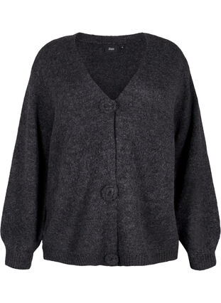 Zizzi Kort strikcardigan med blomsterknapper, Dark Grey Melange, Packshot image number 0