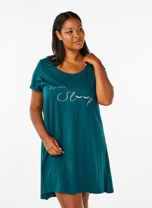 Zizzi Kortærmet natkjole i økologisk bomuld, Deep Teal Sleep, Model image number 0